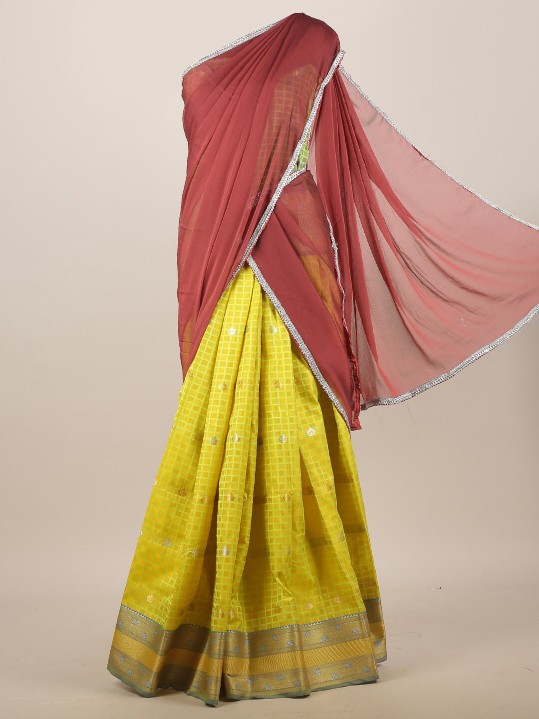 

Pothys Brown & Lime Green Woven Design Half Saree