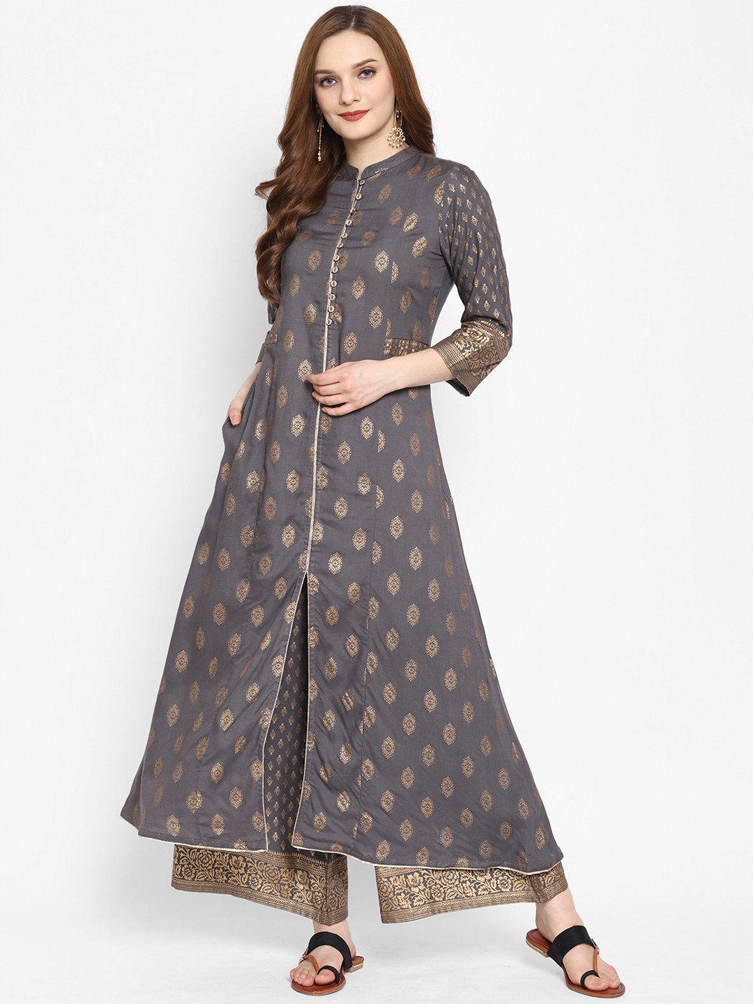 

Ramas Women Grey Ethnic Motifs Printed Kurta with Palazzos