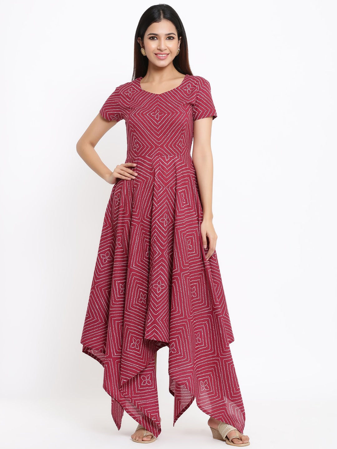 

Indian Virasat Maroon Ethnic Motifs Asymmetric Dress