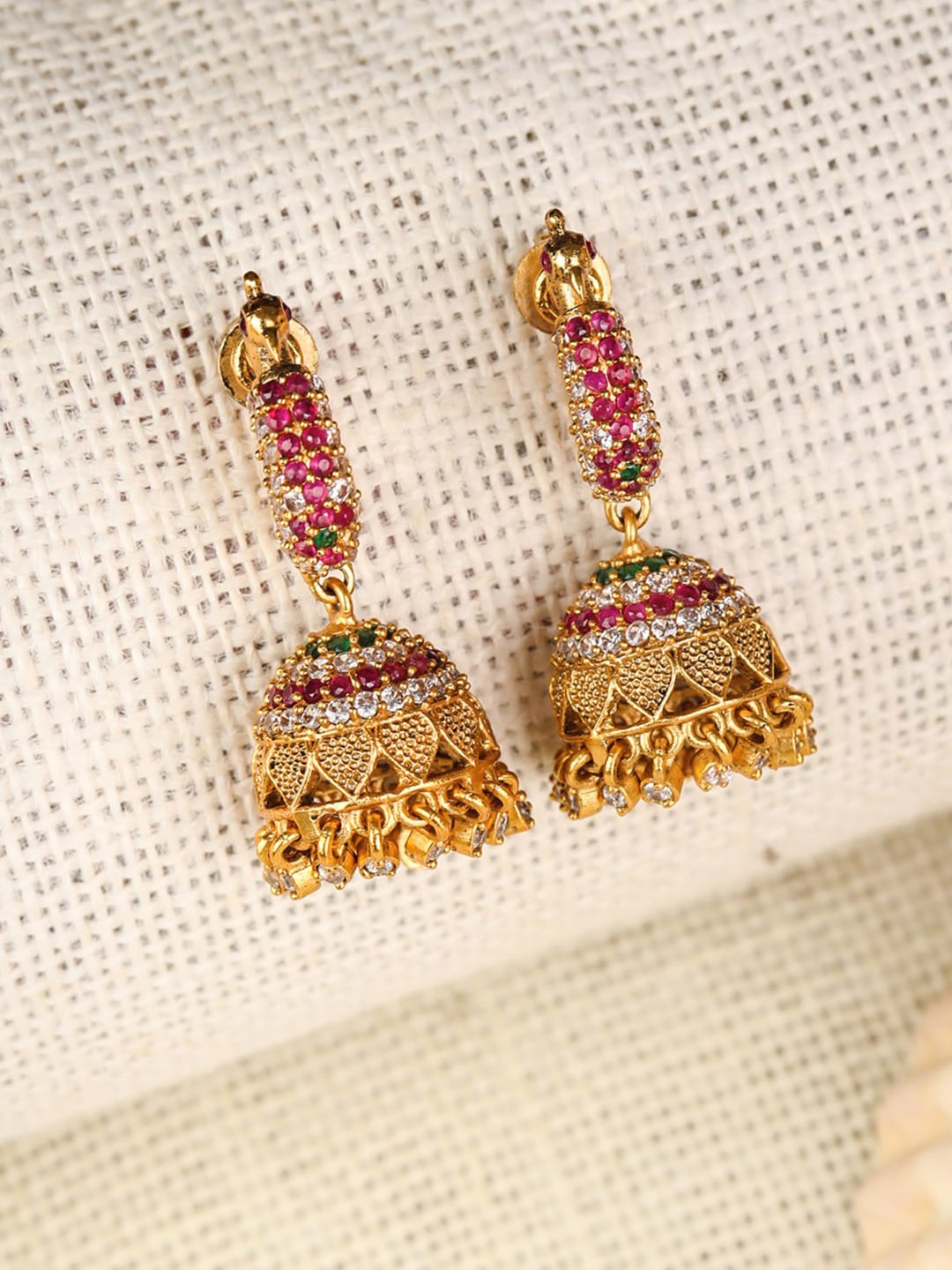 

Priyaasi Gold Plated With Pink & Green Color Stones Jhumka Earrings