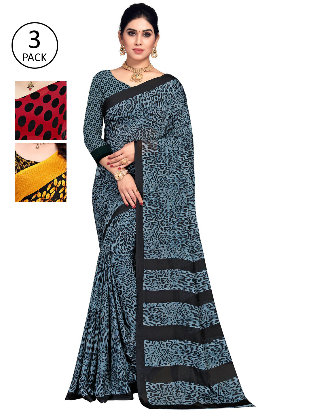 

KALINI Pack Of 3 Poly Georgette Printed Sarees, Yellow
