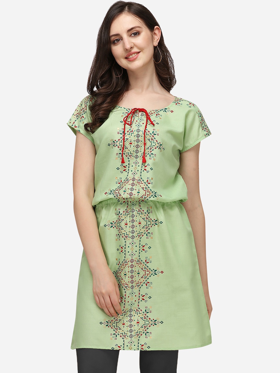 

OM SAI LATEST CREATION Women Lime Green & Red Ethnic Motifs Printed Thread Work Kurta