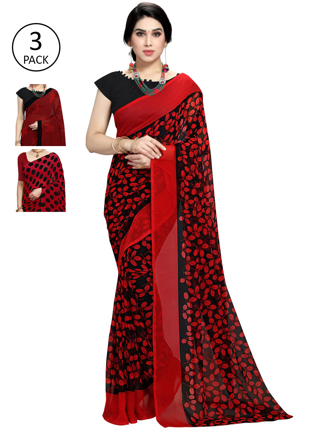 

KALINI Pack Of 3 Red & Black Saree