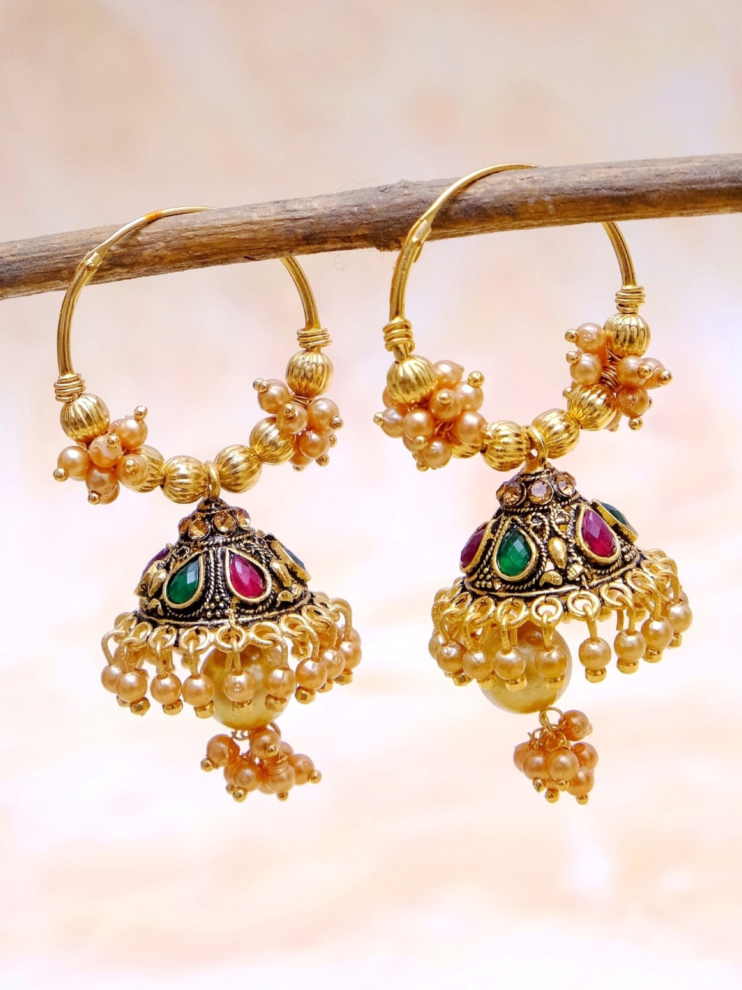 Crunchy Fashion Gold-Plated & Pink Classic Jhumkas Earrings