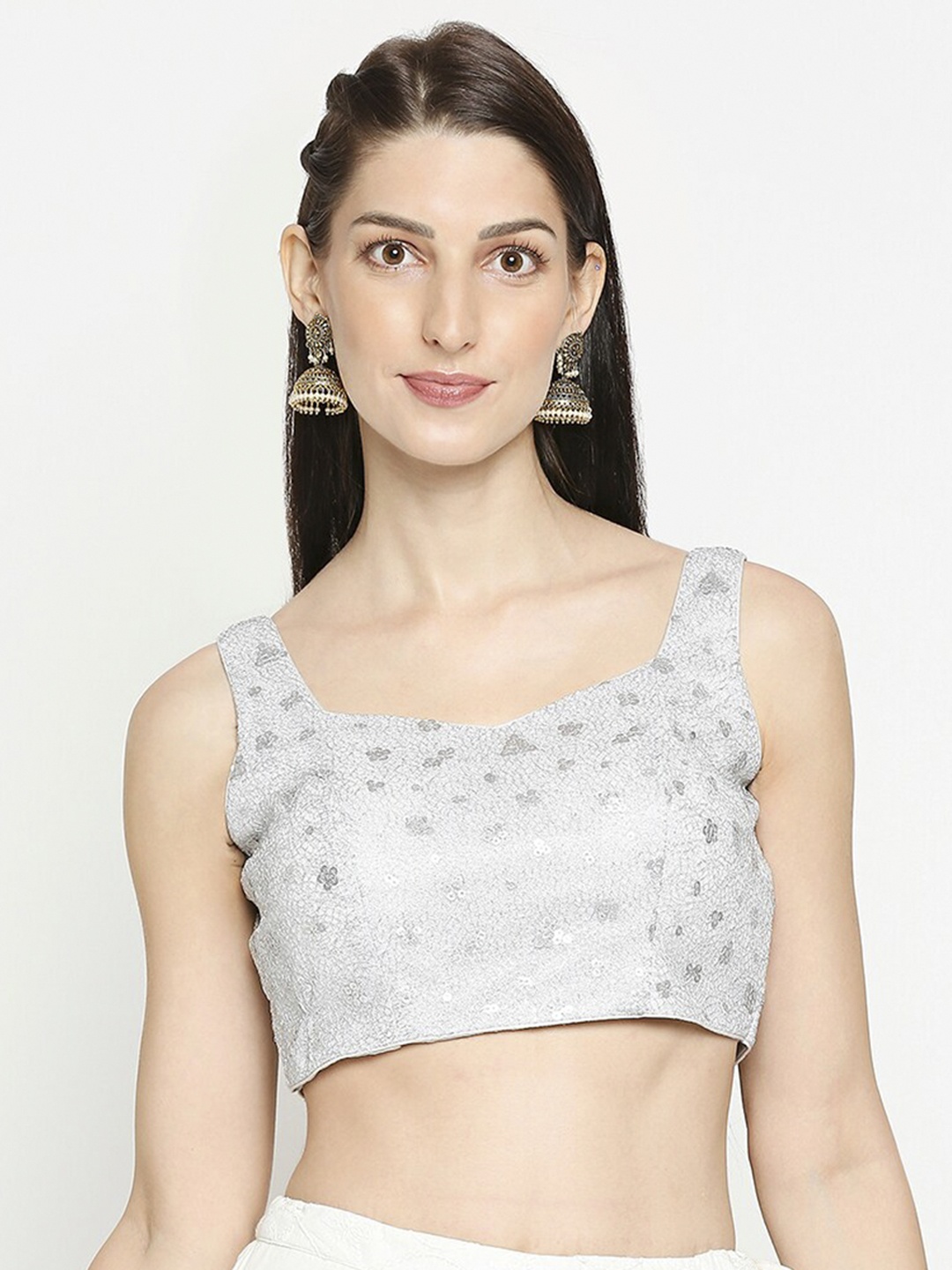 SALWAR STUDIO Women Silver-Coloured Embroidered Readymade Saree Blouse