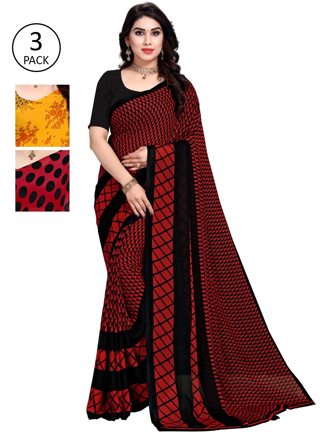

KALINI Black & Red Pack of 3 Printed Sarees