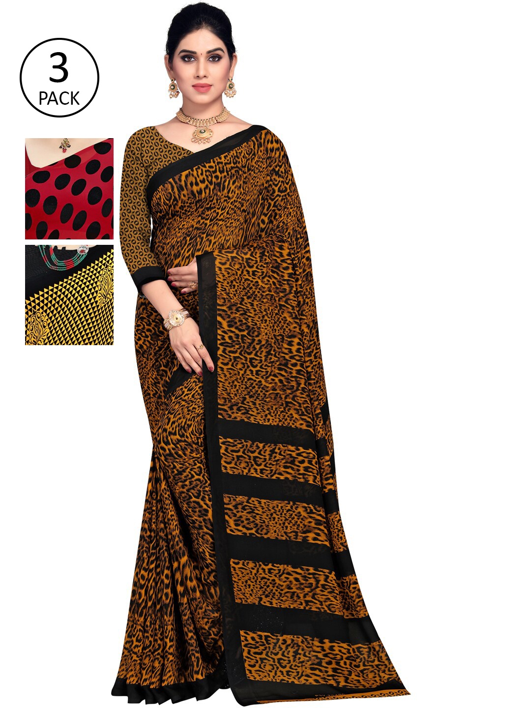 

ANAND SAREES Pack Of 3 Poly Georgette Printed Sarees, Red