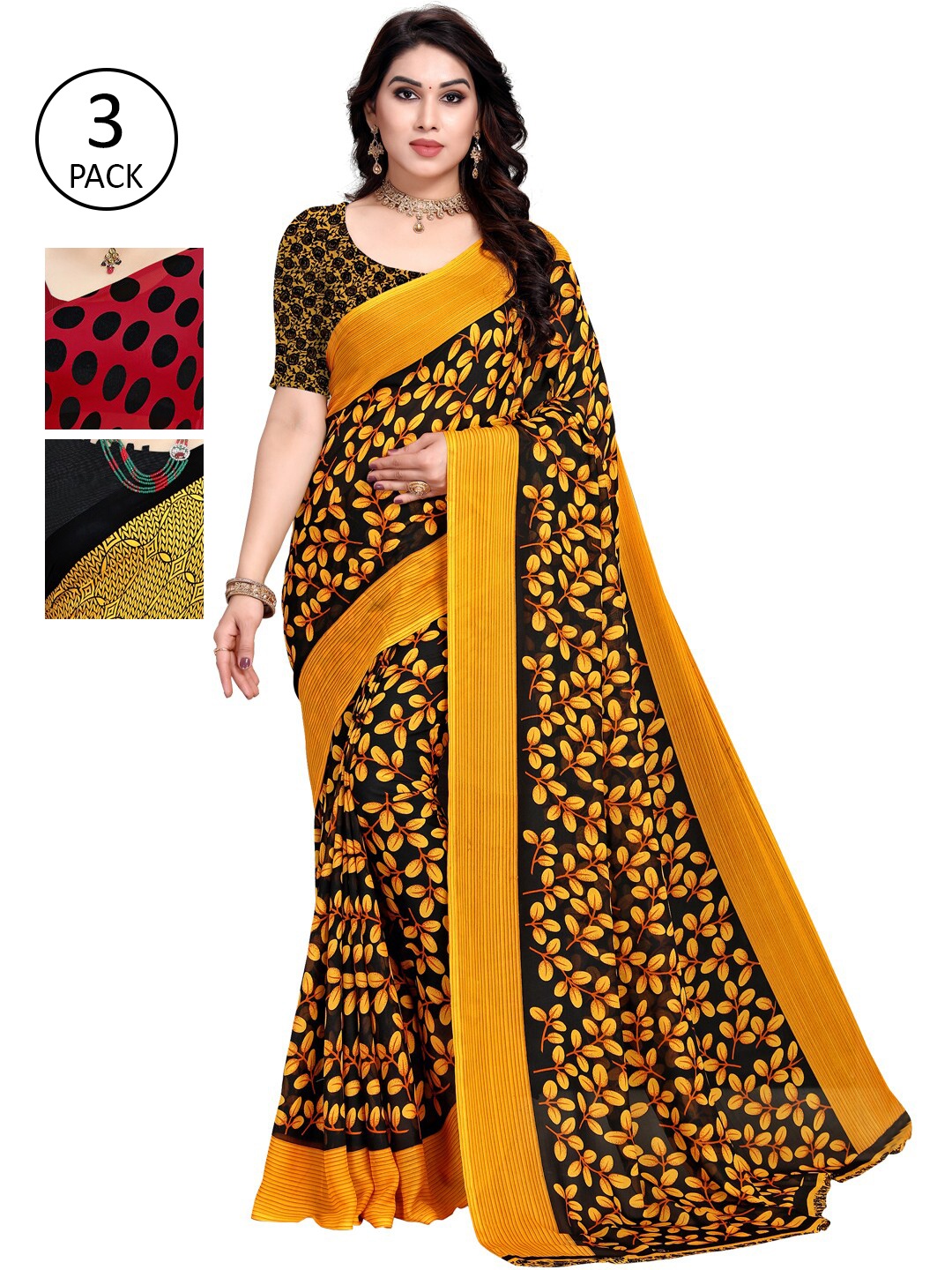 

KALINI Yellow & Black Pack of 3 Printed Sarees