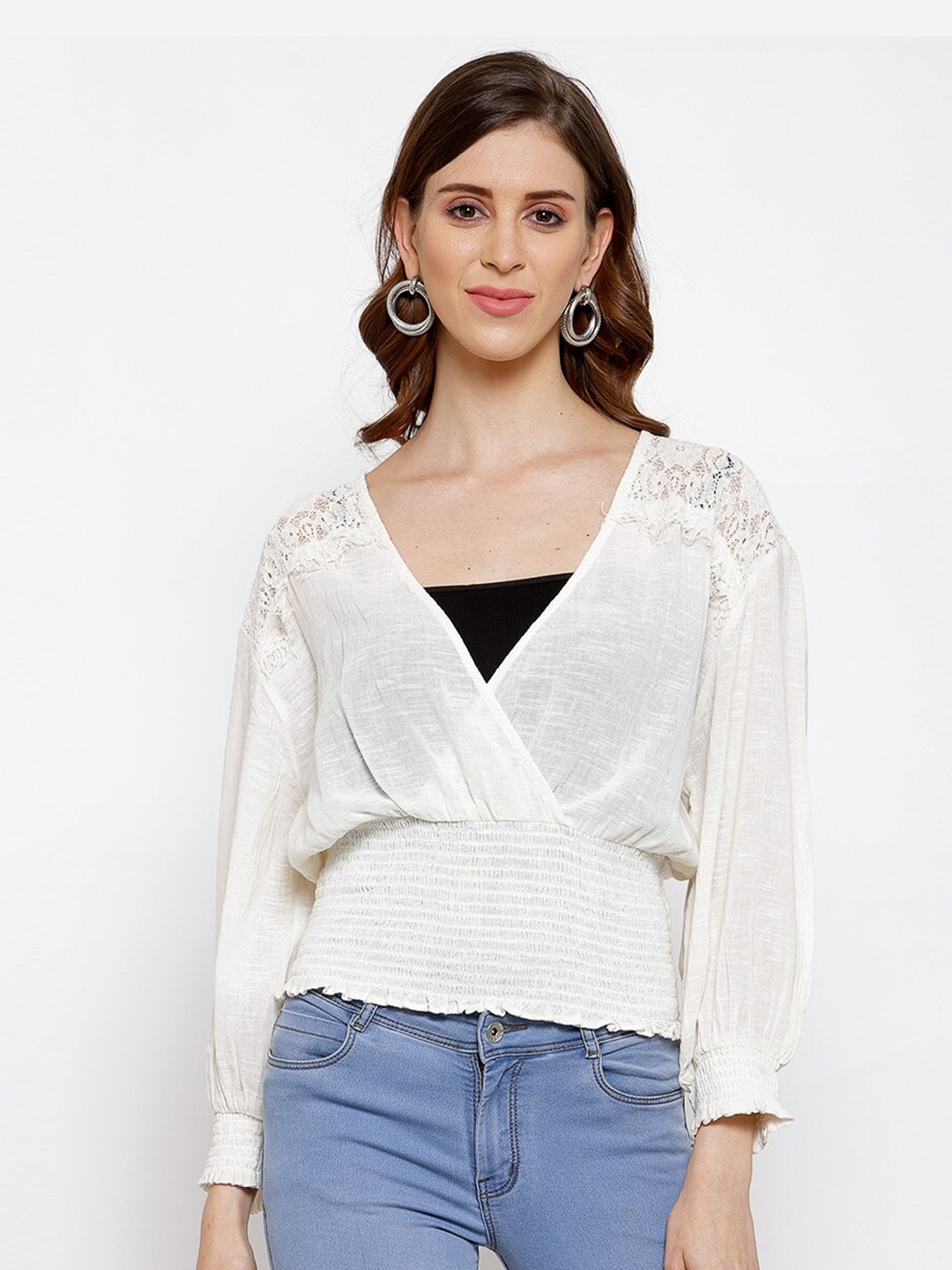 SCOUP White Pure Cotton Smocked Semi-Sheer Cinched Waist Top