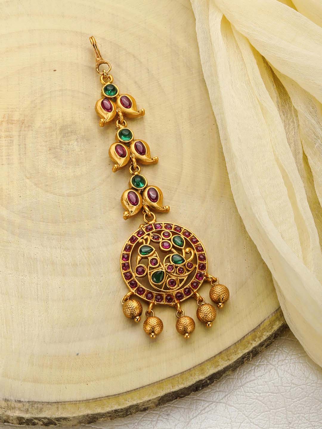 

Priyaasi Gold-Plated Maroon & Green Kundan-Studded & Beaded Handcrafted Maangtikka