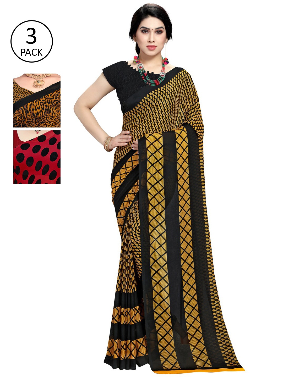

KALINI Pack Of 3 Poly Georgette Printed Sarees, Yellow