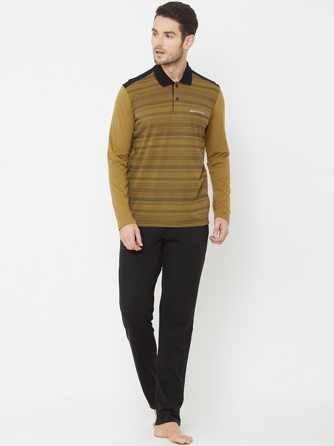 

Sweet Dreams Men Khaki & Black Striped Night suit