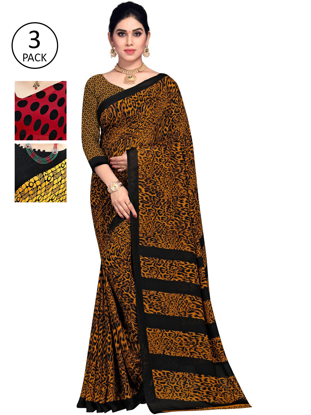 

KALINI Pack Of 3 Yellow & Khaki Saree