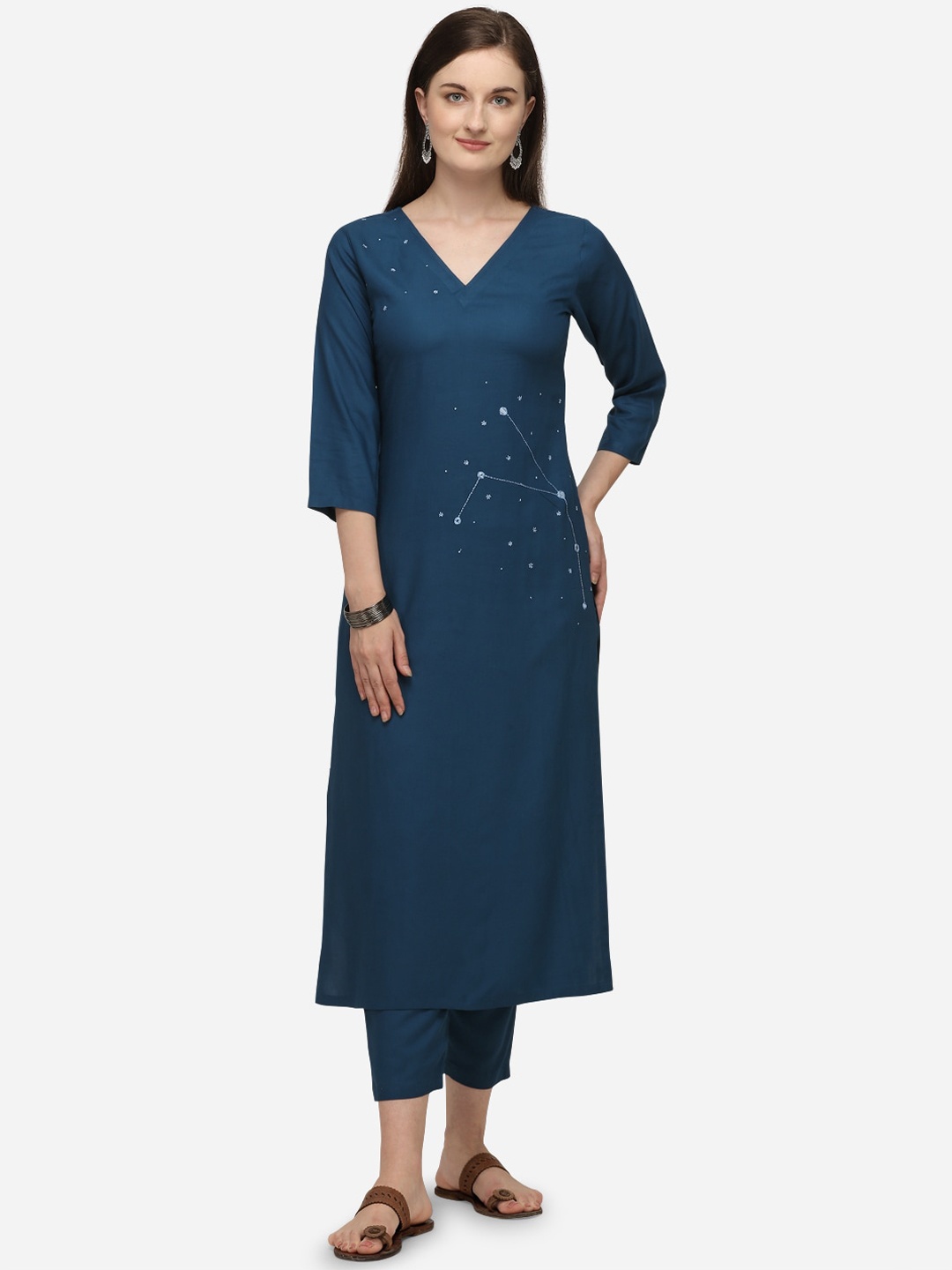 

RAISIN Women Navy Blue Floral Embroidered Kurta with Trousers