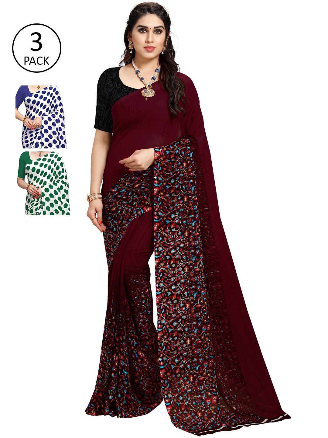 

KALINI White & Blue Pack of 3 Printed Sarees