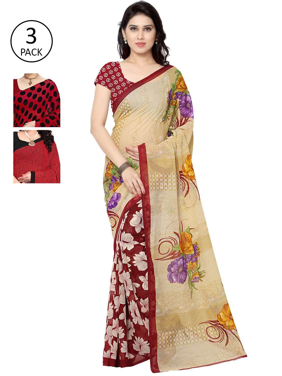 

KALINI Pack Of 3 Red & Black Saree
