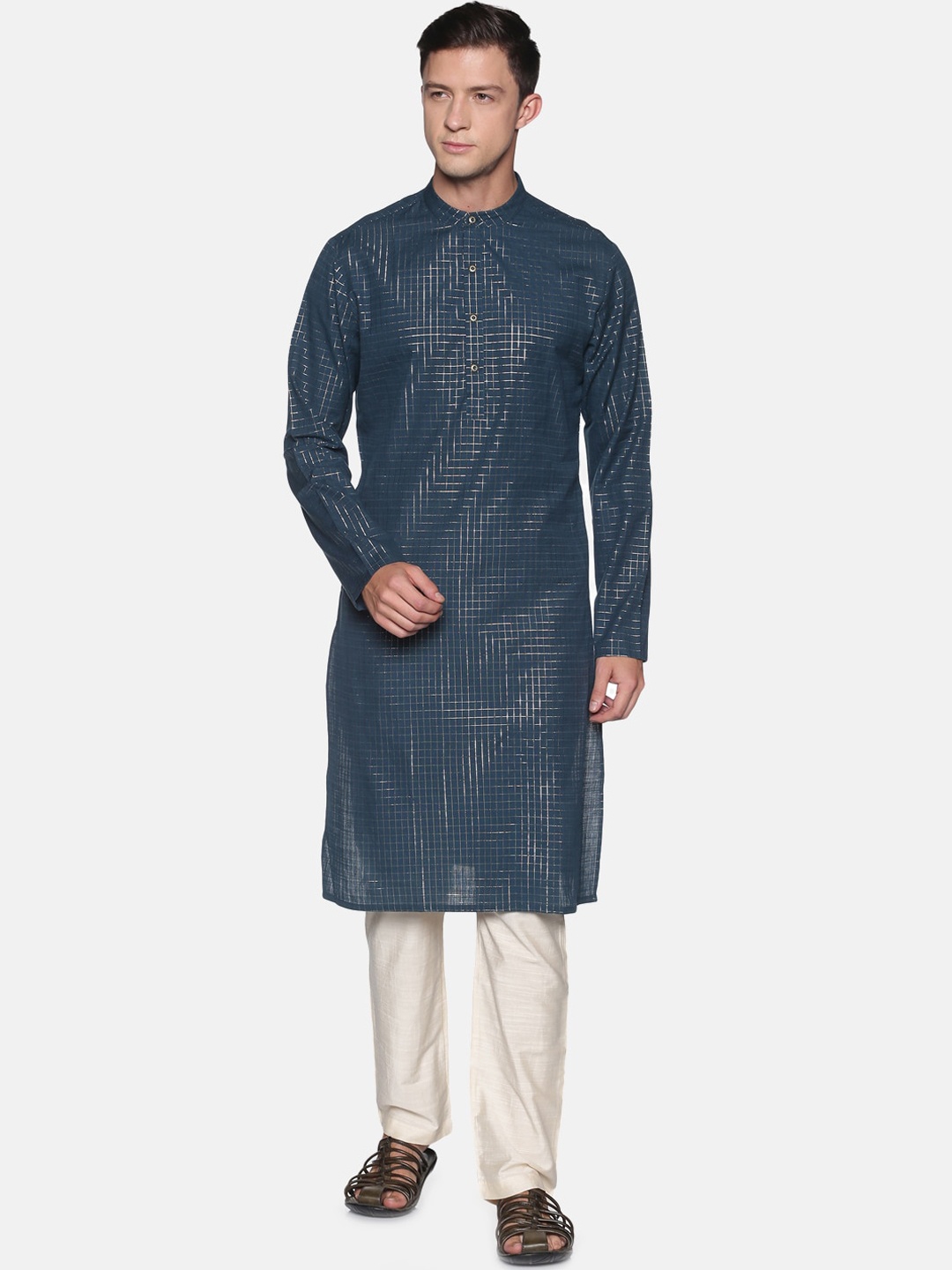 

Saffron Threads Men Teal Checked Kurta