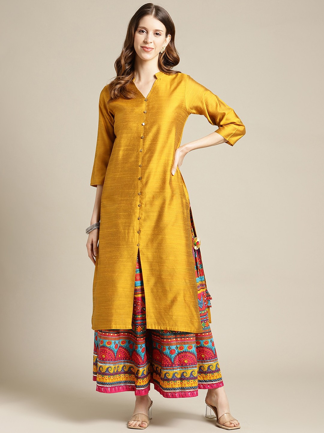 

KSUT Women Mustard Yellow Panelled Pure Silk Kurta with Palazzos