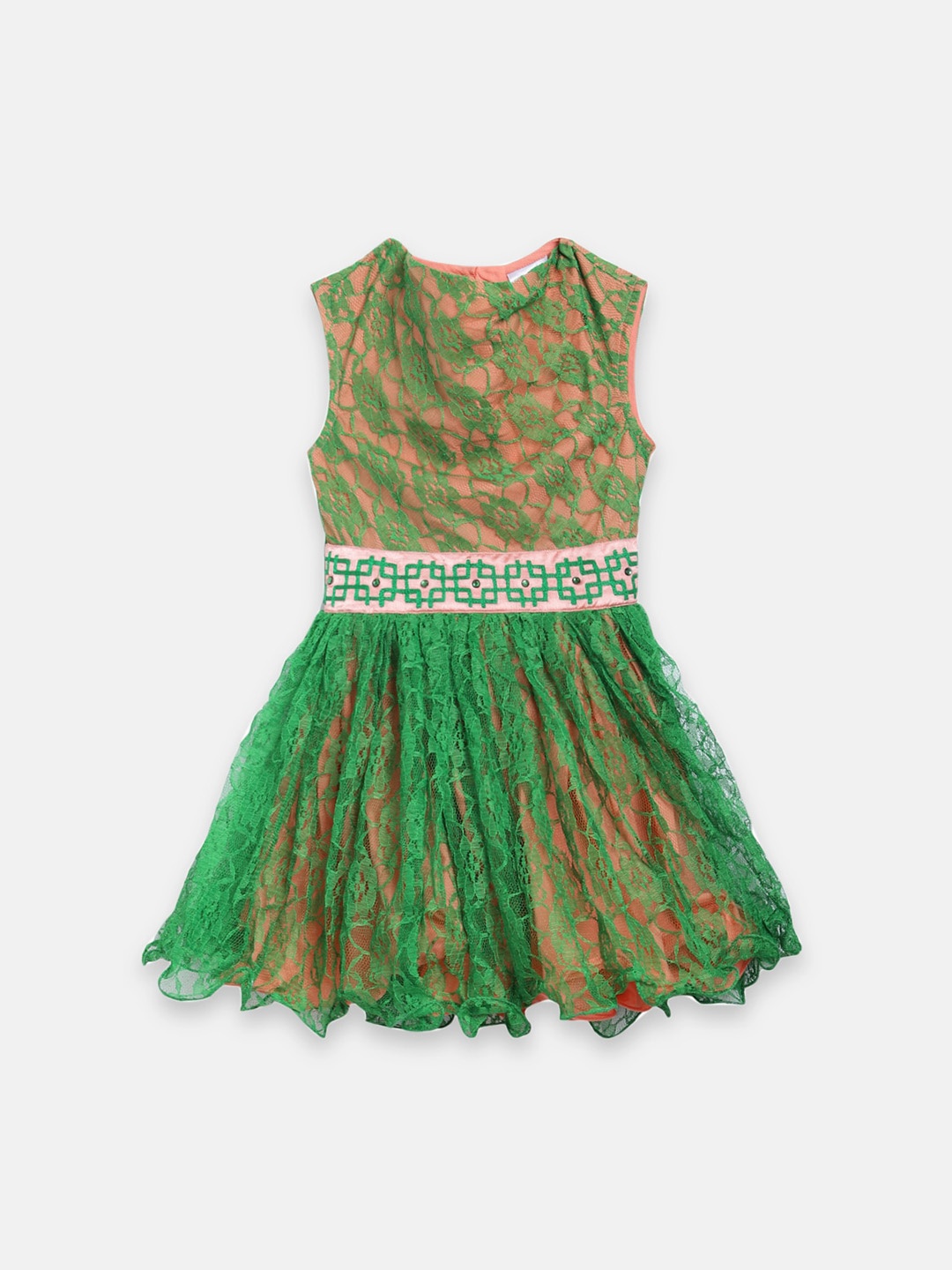

Butterfly Blush Peach-Coloured & Green Self Design Lace Fit & Flare Dress