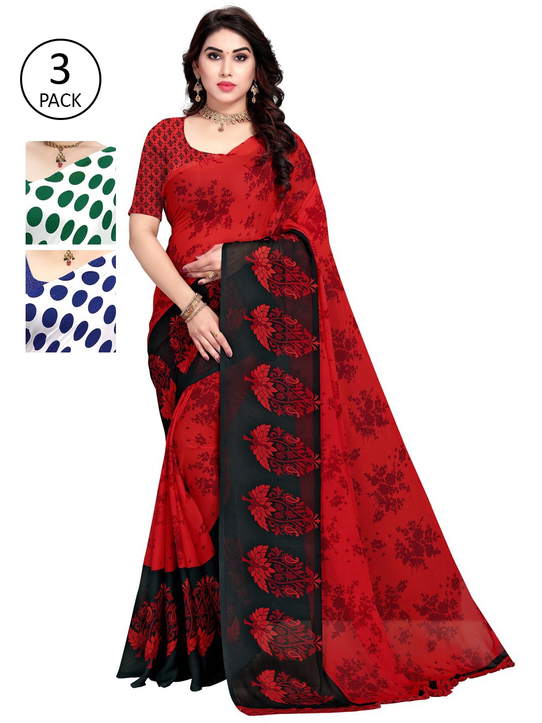 

KALINI Pack Of 3 Red & White Saree
