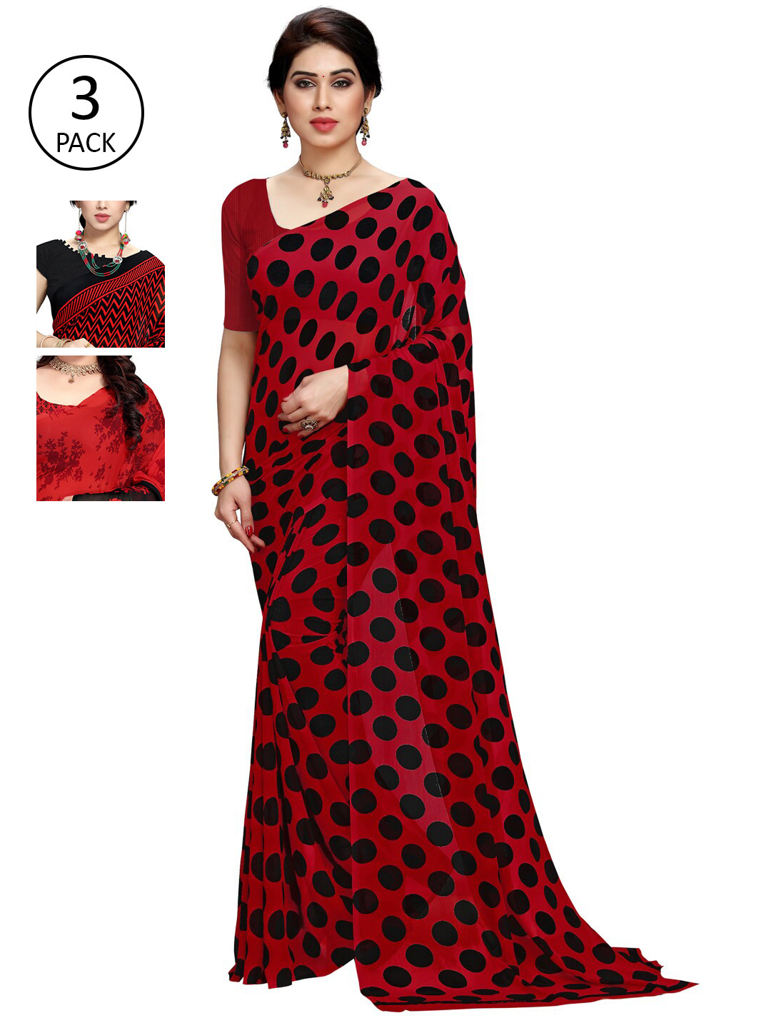 

KALINI Pack Of 3 Poly Georgette Printed Sarees, Red