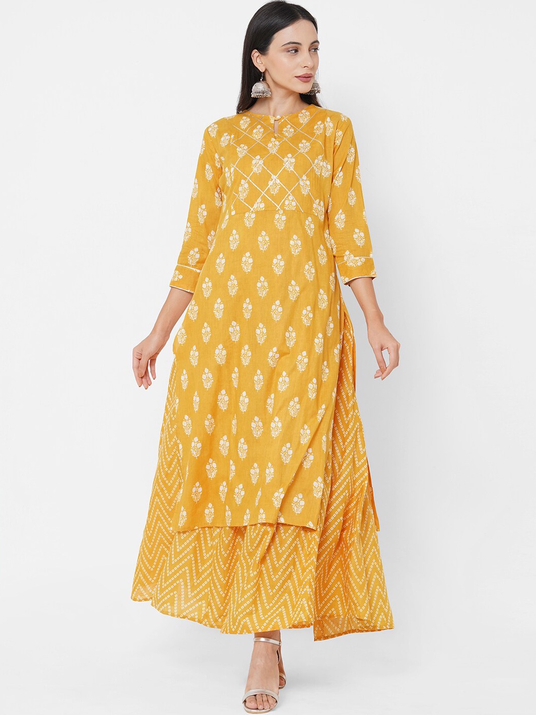 

FASHOR Mustard Yellow Floral Layered Cotton Maxi Dress