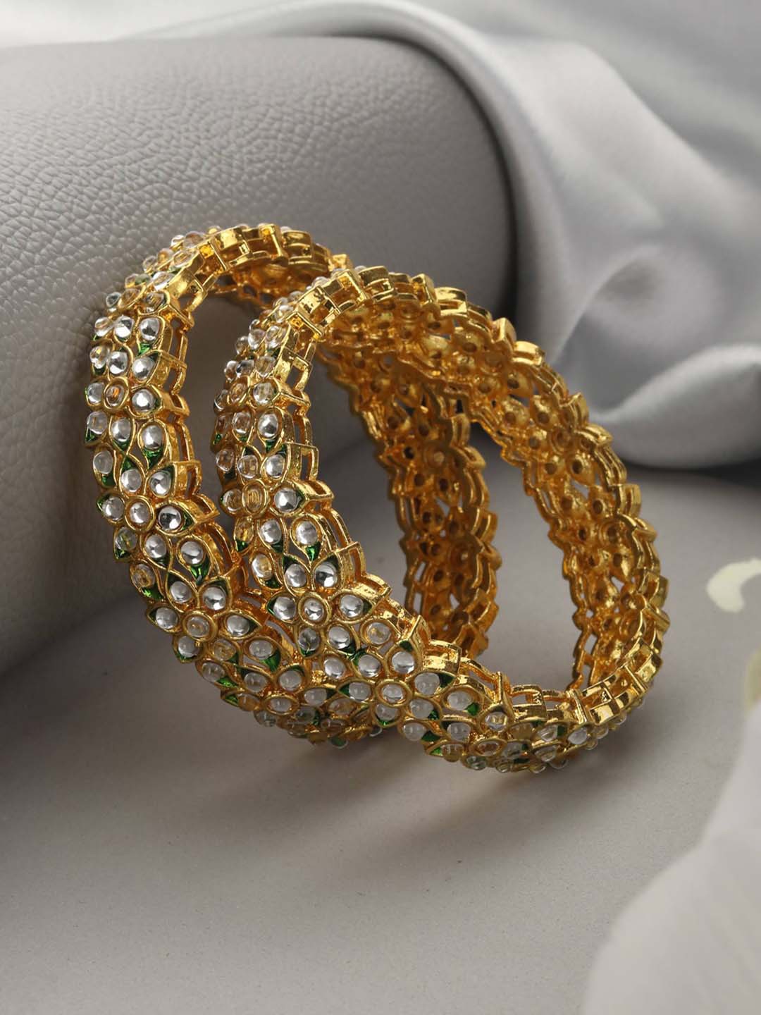 

Priyaasi Set Of 2 Gold-Plated White & Green Kundan-Studded Handcrafted Bangles