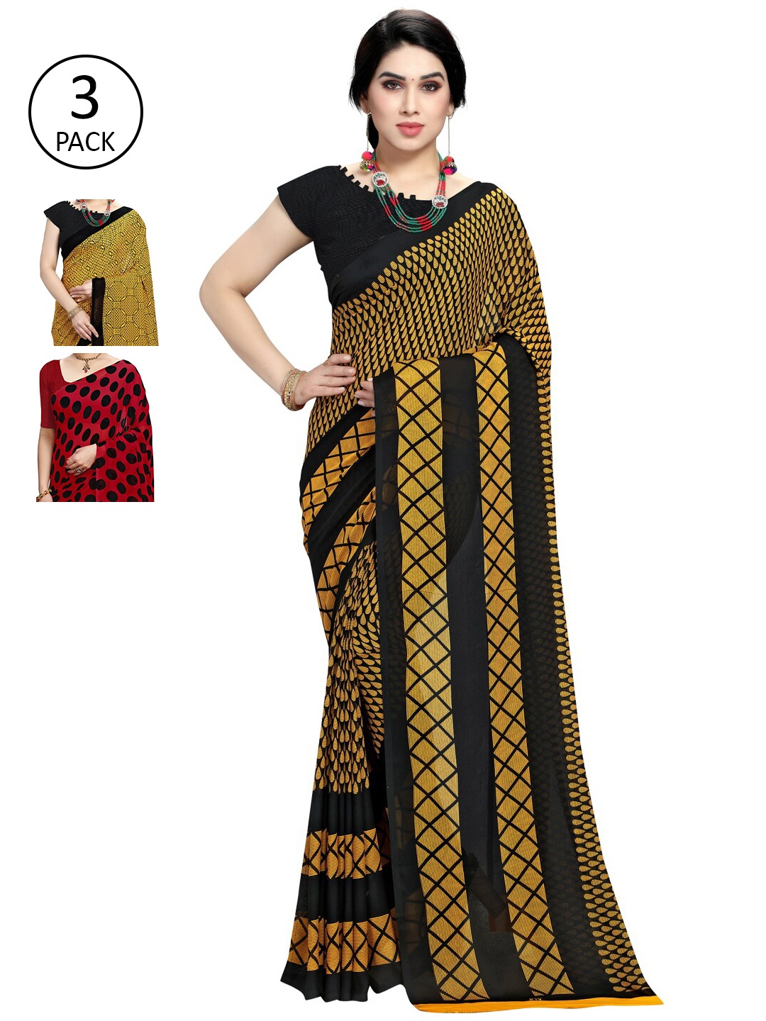 

KALINI Red & Black Pack of 3 Printed Sarees