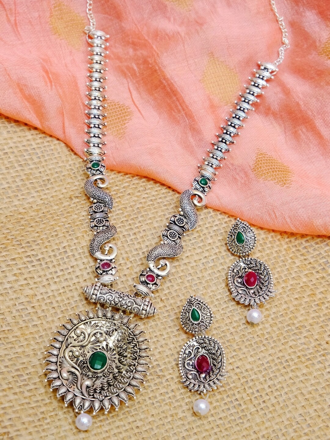 

Crunchy Fashion Silver-Plated Green & Magenta Pink Stone-Studded & Pearl Beaded Antique Jewellery Set