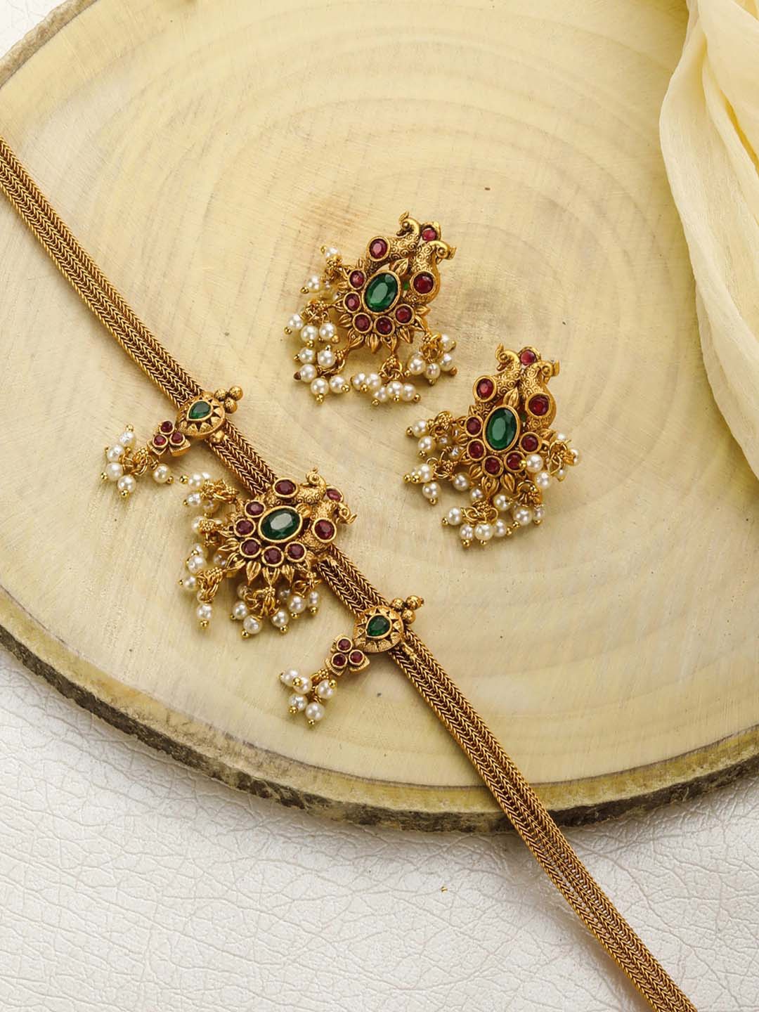 Priyaasi Gold-Plated & Green Ruby-Studded Jewellery Set