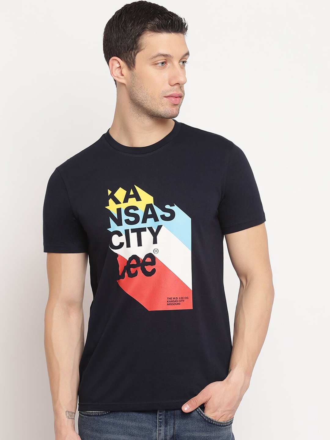 

Lee Menvy Blue Typography Printed Slim Fit T-shirt, Navy blue