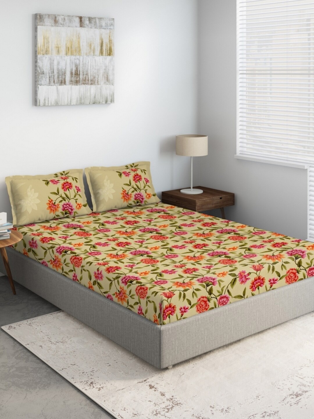 

DDecor Yellow & Pink Floral 140 TC Queen Bedsheet with 2 Pillow Covers