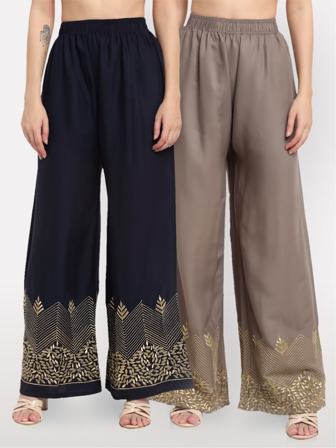 

NEUDIS Women Black & Brown Set of 2 Ethnic Motifs Hem Design Flared Ethnic Palazzos
