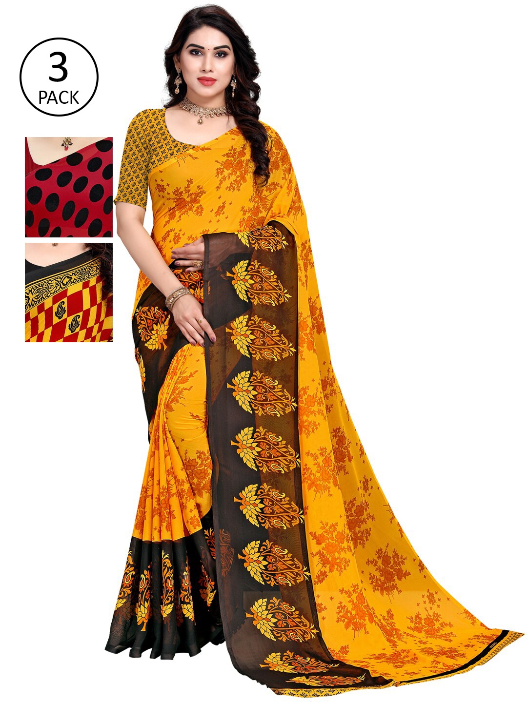 

KALINI Red & Black Pack of 3 Printed Sarees