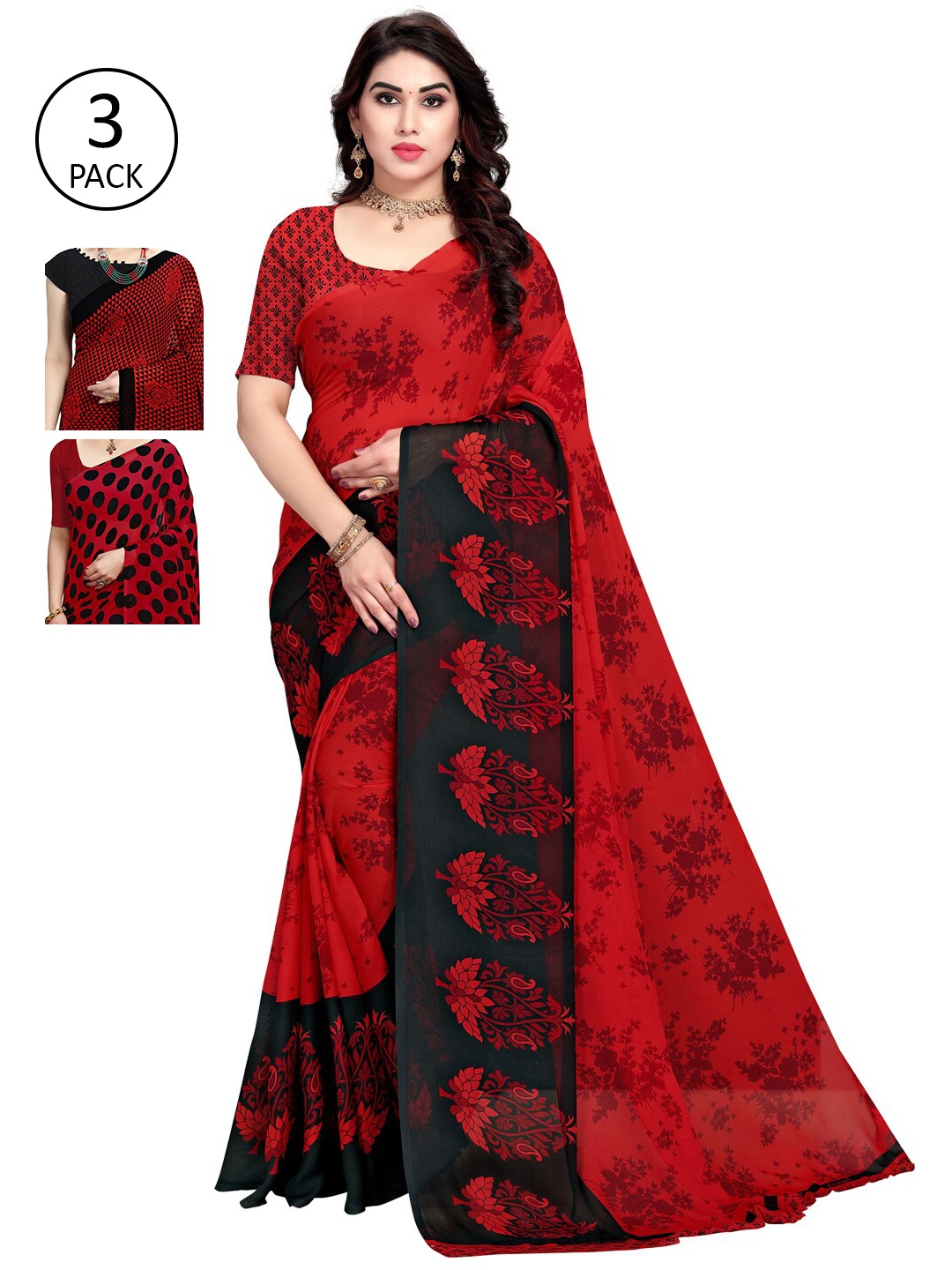 

KALINI Pack Of 3 Poly Georgette Printed Sarees, Red