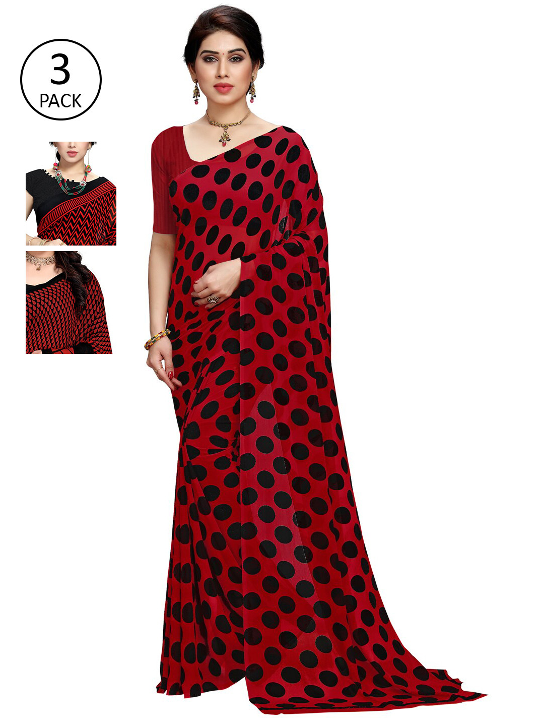 

KALINI Pack Of 3 Poly Georgette Sarees, Red