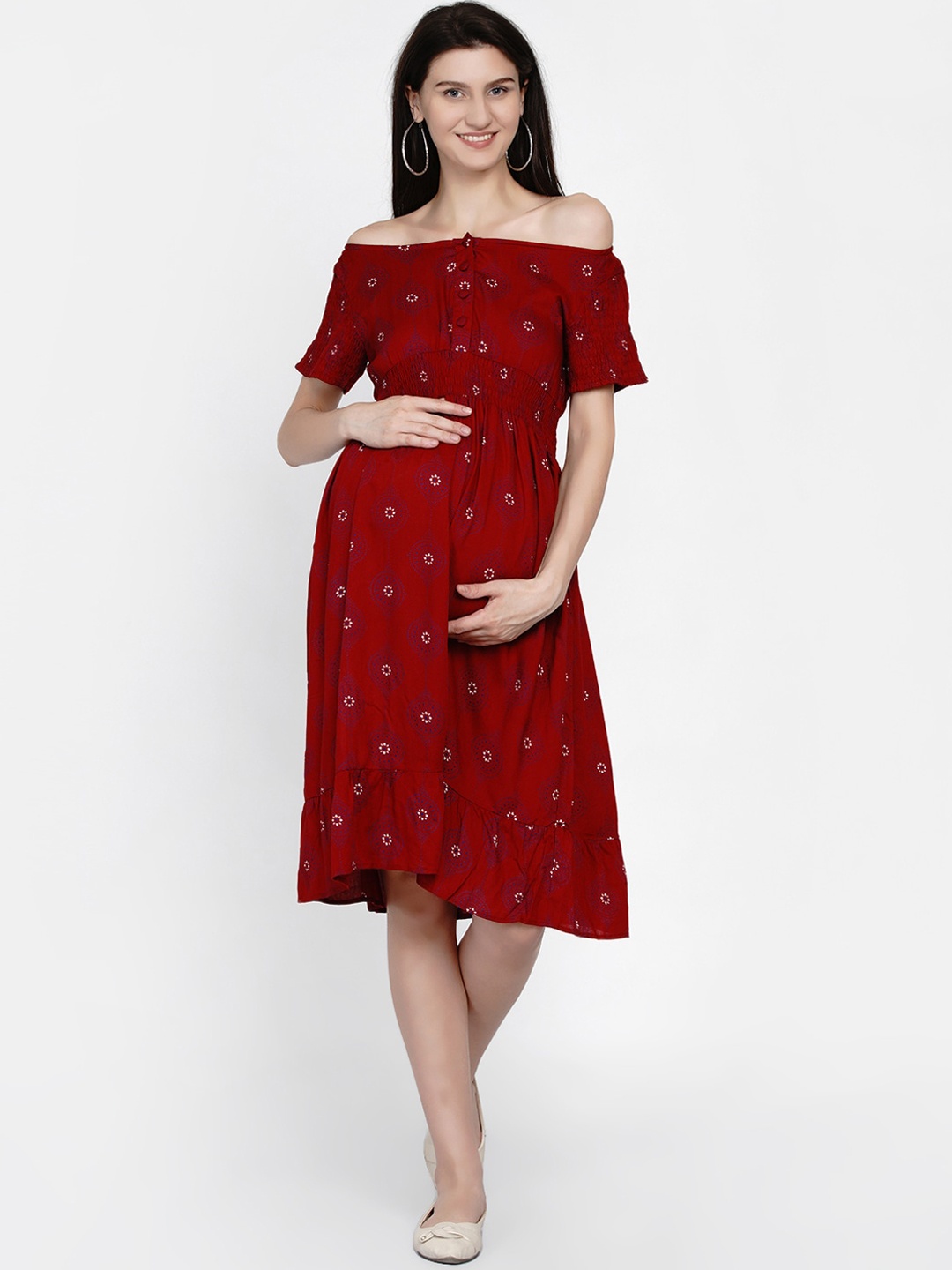 

Mine4Nine Red Floral Off-Shoulder Maternity Dress