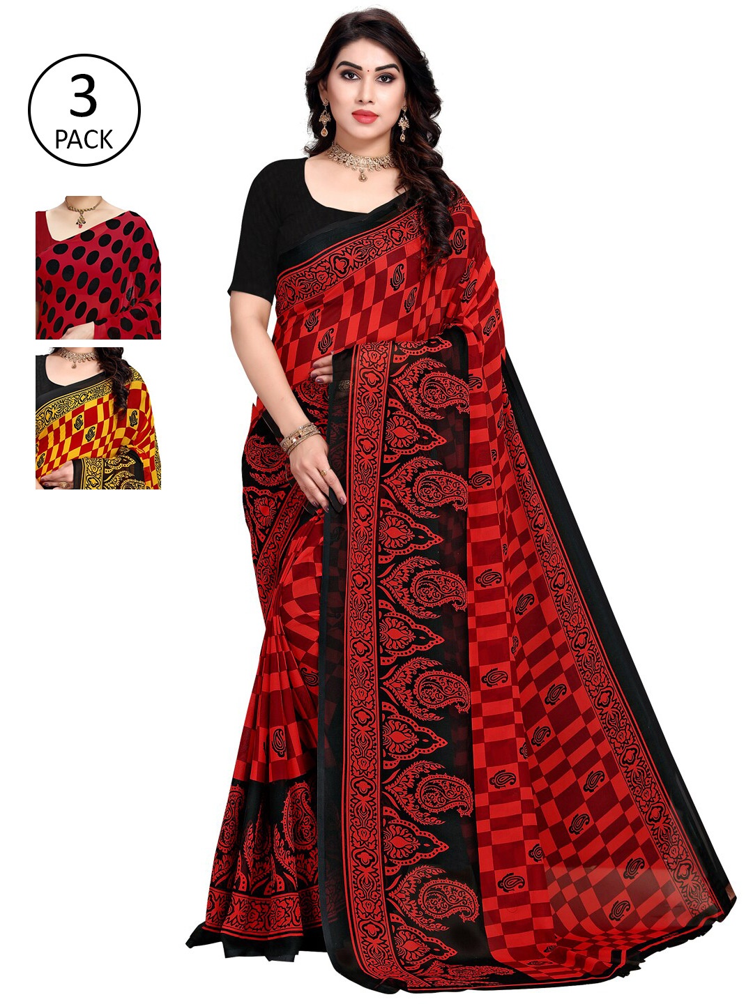 

KALINI Pack Of 3 Poly Georgette Printed Sarees, Red