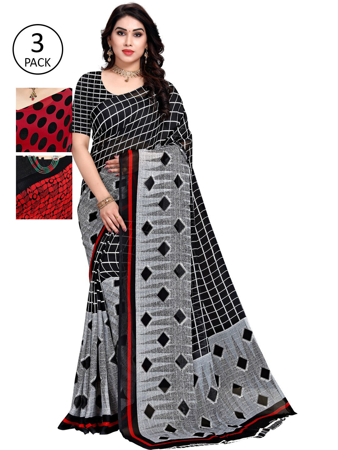 

KALINI Grey & Red Pack of 3 Printed Sarees