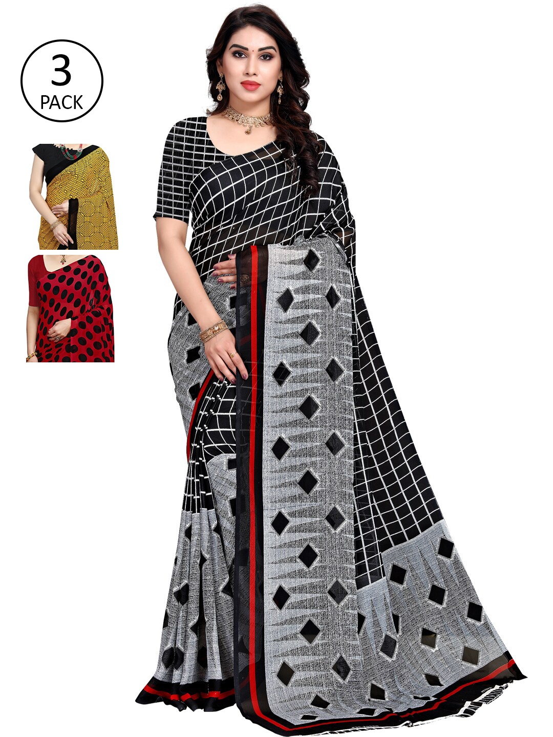 

KALINI Red & Black Pack of 3 Printed Sarees