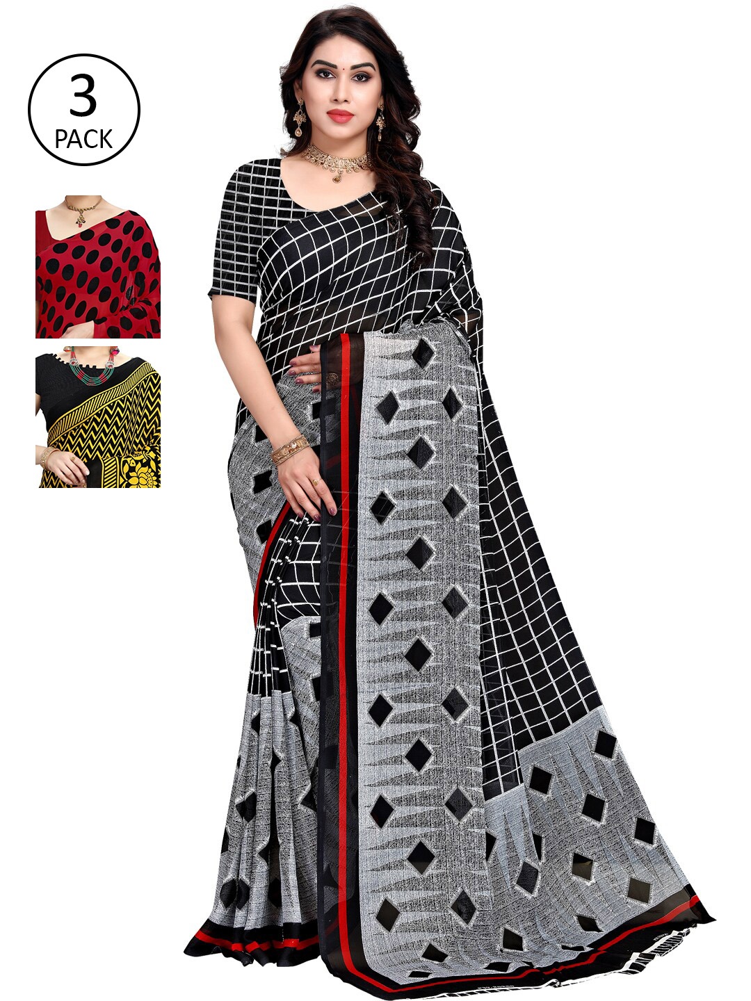

ANAND SAREES Red & Black Pack of 3 Printed Sarees