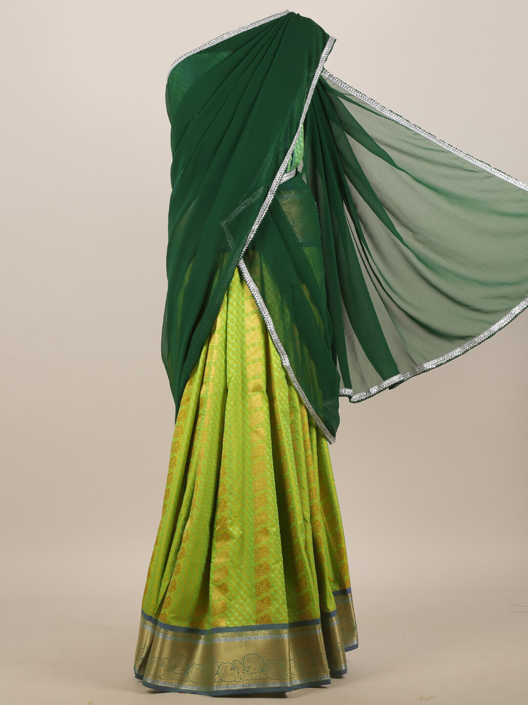 

Pothys Green & Gold-Toned Woven Design Half Saree