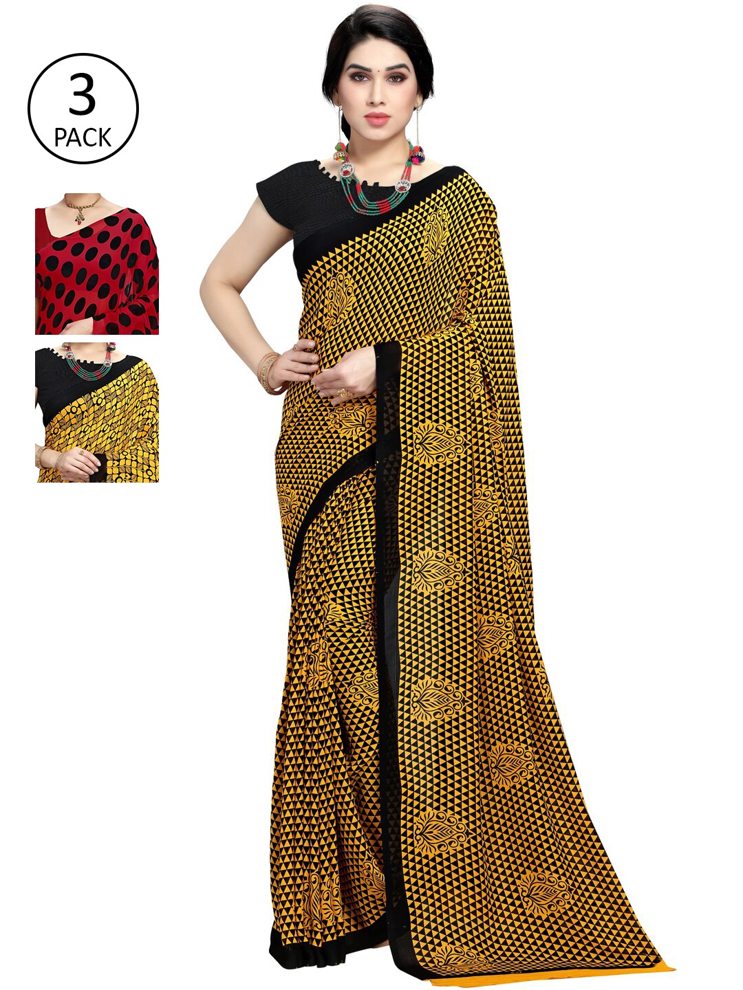 

KALINI Pack Of 3 Red & Black Saree