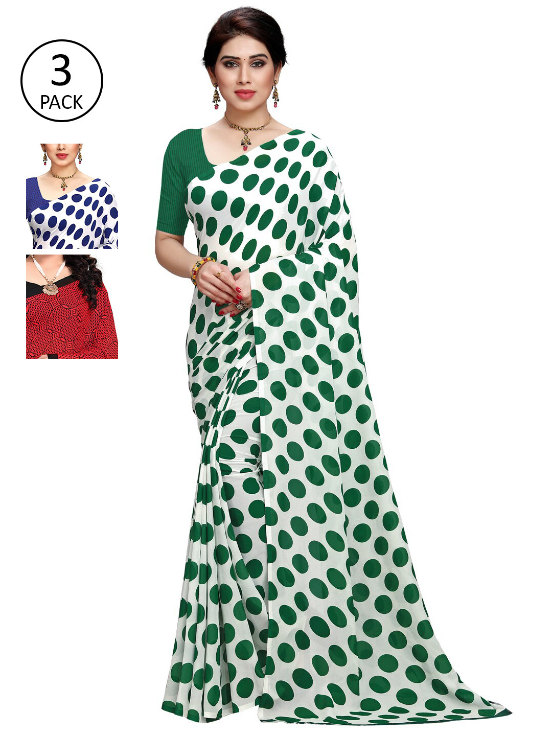 

KALINI Pack Of 3 Green & White Saree