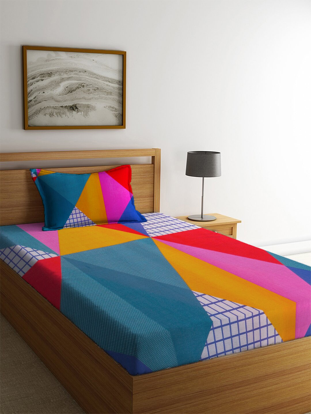 

MAYFAIR HOMES LONDON Yellow & Blue Geometric 104 TC Single Bedsheet with 1 Pillow Covers