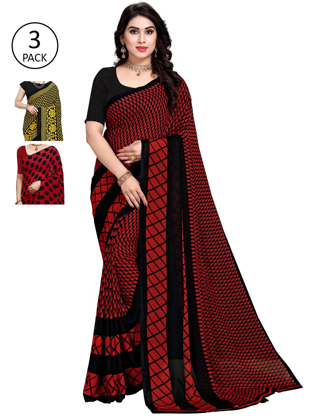 

ANAND SAREES Pack Of 3 Poly Georgette Printed Sarees, Black