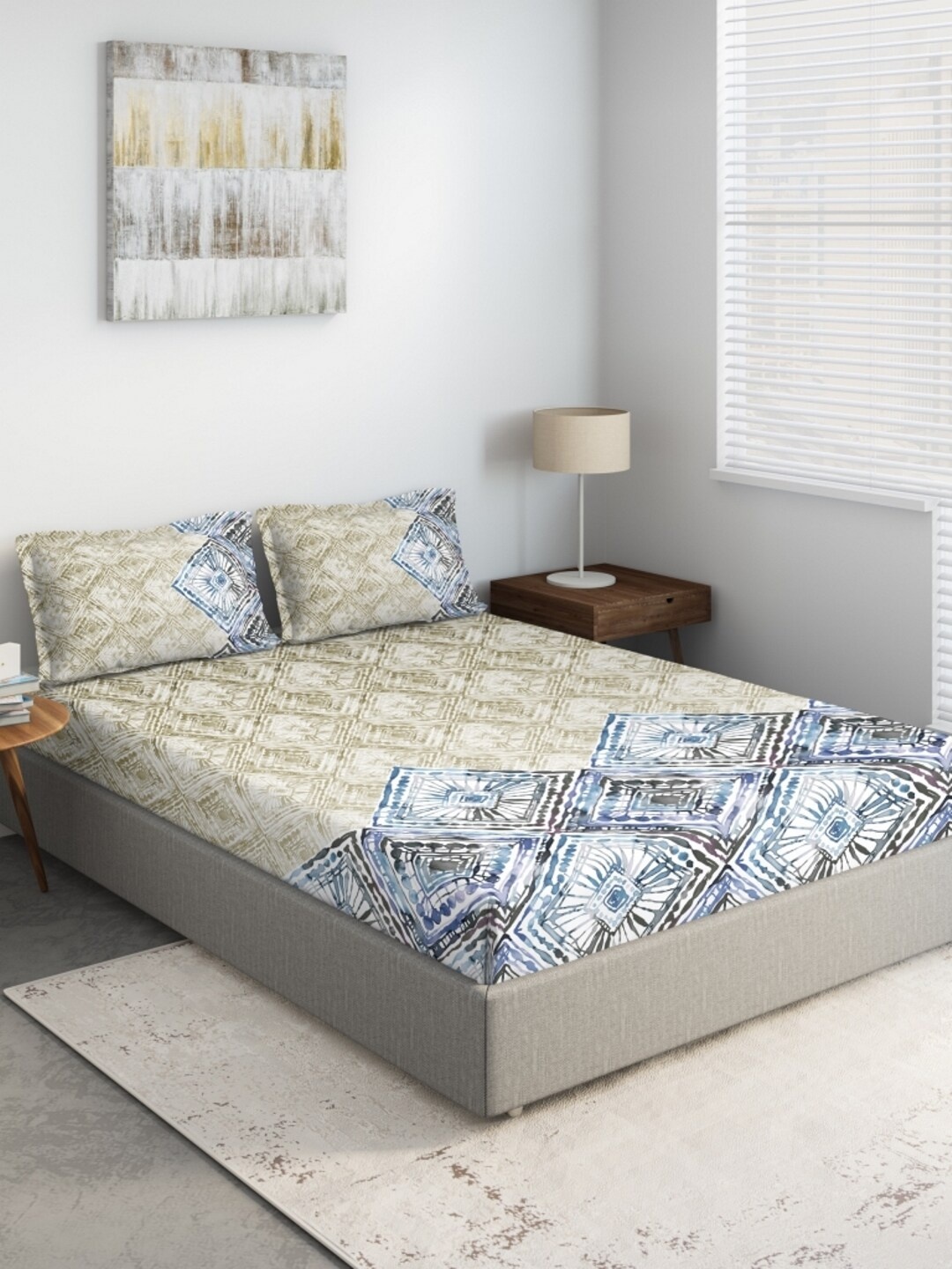 

DDecor Beige & Blue Geometric 140 TC Queen Bedsheet with 2 Pillow Covers