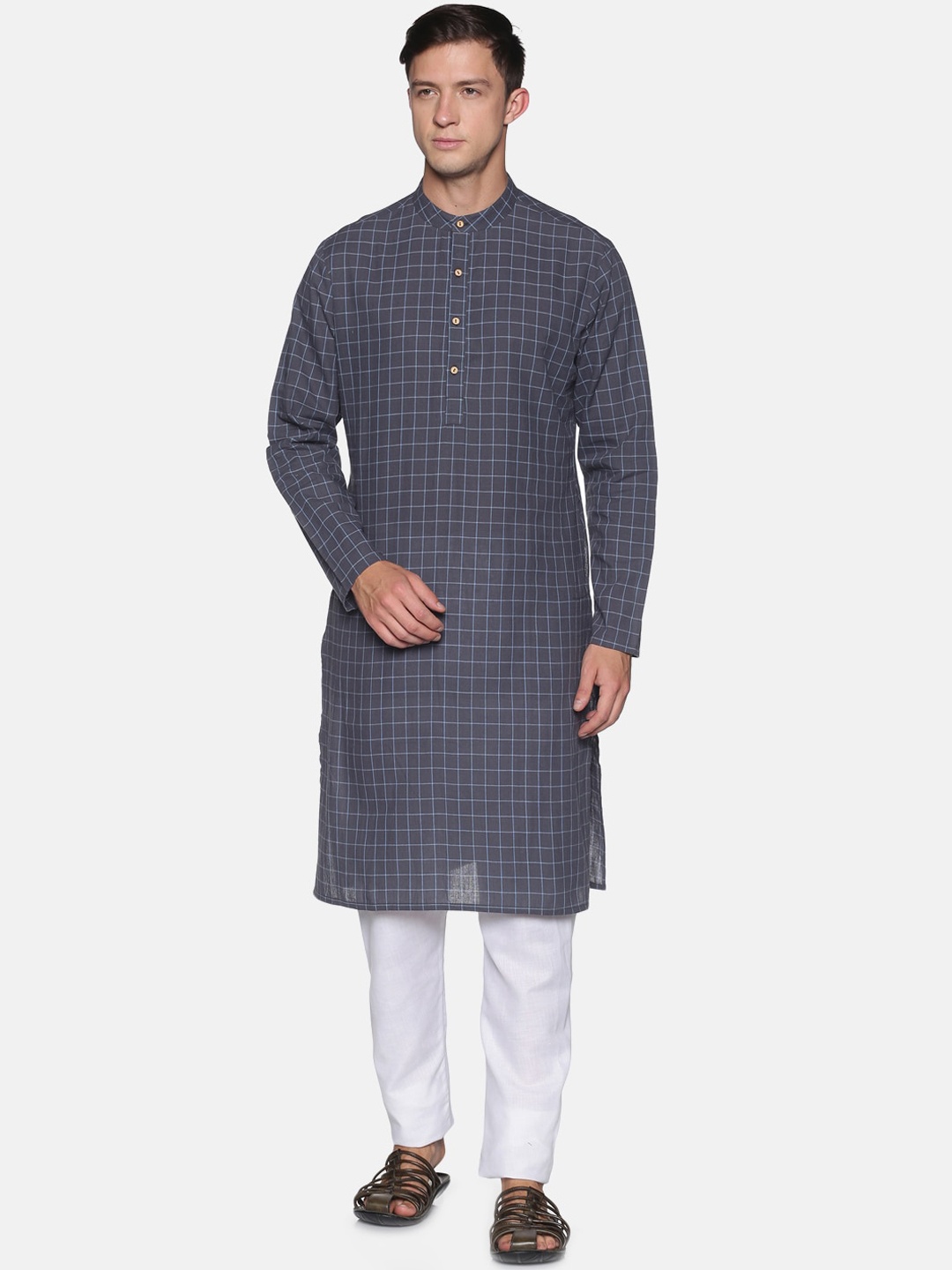 

Saffron Threads Men Grey Checked Kurta