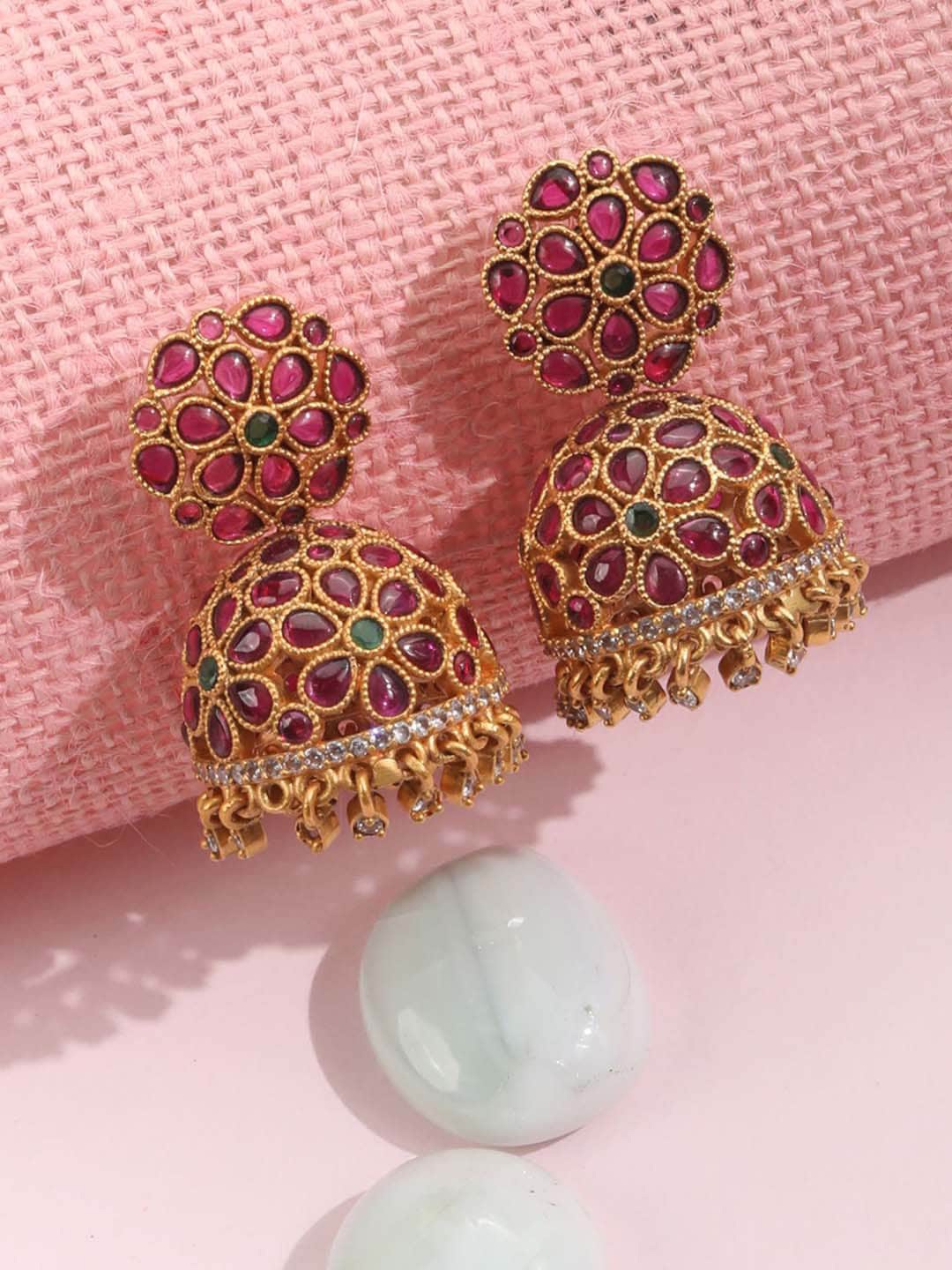 

Priyaasi Copper-Toned - Faux Ruby Dome Shaped Jhumkas Earrings