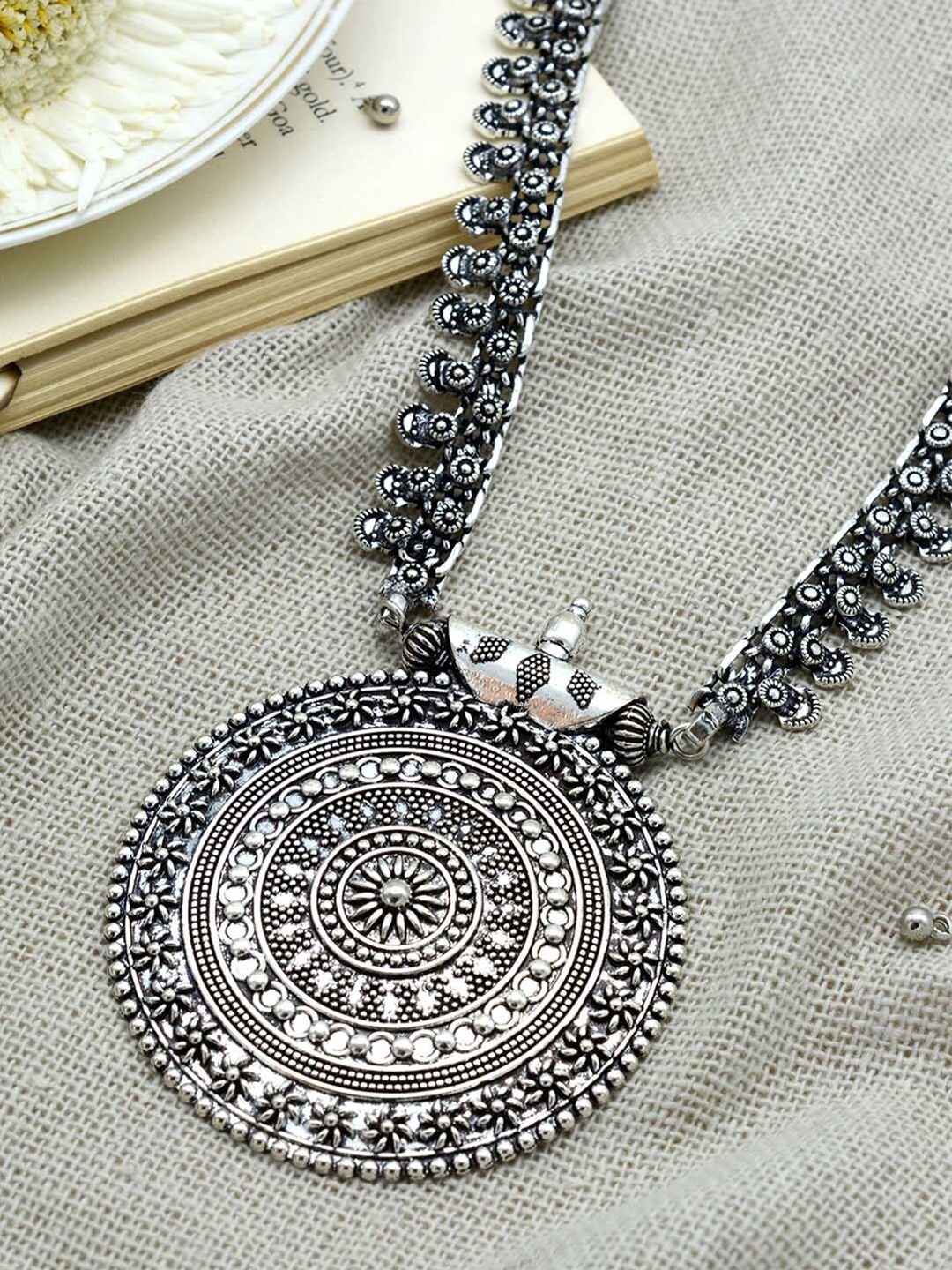 TEEJH Silver German Silver Silver-Plated Oxidised Necklace
